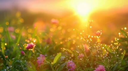 Obraz premium Dew on the leaves of a field of wildflowers at dawn, with a golden sunrise in the background.