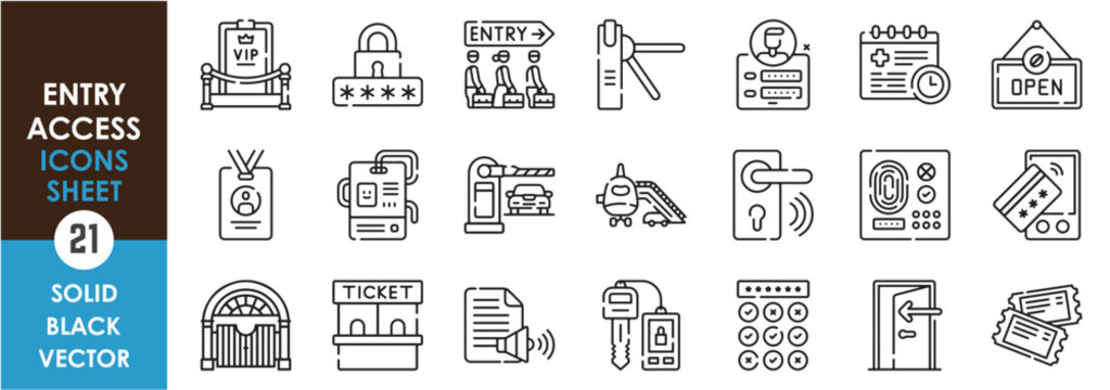 A set of line icons related to entry and access. Enter, VIP, pass, press, gate, key, ticket, id, fingerprint, pin, door, credit, digital, data, and so on. Vector outline icons set.