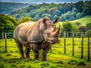 Majestic endangered rhino stands alone in lush green meadow surrounded by fencing, emphasizing conservation efforts to safeguard its species from poaching and extinction threats.