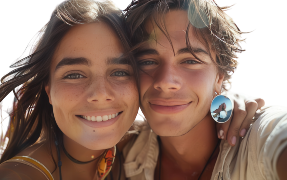 Close Up Portrait of Smiling Couple Taking a Selfie Outdoors