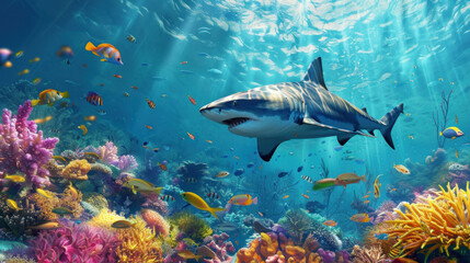 Shark and small fishes coexisting in a vibrant underwater seascape