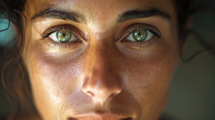 Close-up portrait of a woman with striking green eyes