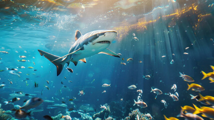 Obraz premium Shark and tiny fishes swimming together in the vast ocean expanse