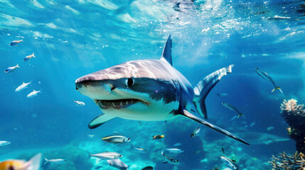 Fototapeta premium Shark cruising through the ocean with small fishes darting around it