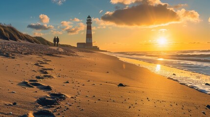 Fototapeta premium The sun setting behind a distant lighthouse