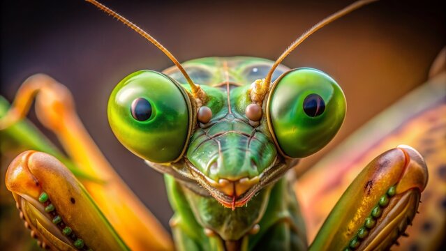 Vibrant green eyes of a praying mantis stare intensely from a light brown body, showcasing intricate features in stunning macro photography detail.
