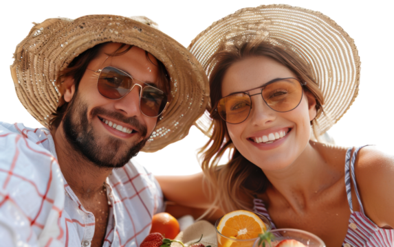 Smiling Couple Wearing Straw Hats and Sunglasses on a Summer Day