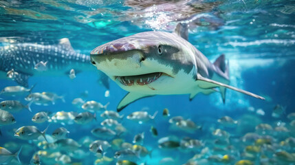 Obraz premium Shark swimming with a school of small fishes in the clear ocean waters