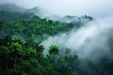 Morning Fog in Rainforest Jungle. Serene Landscape with Misty Tropical Forest