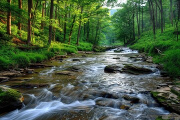 Obraz premium Mountain Stream. Flowing River in Green Forest Beauty