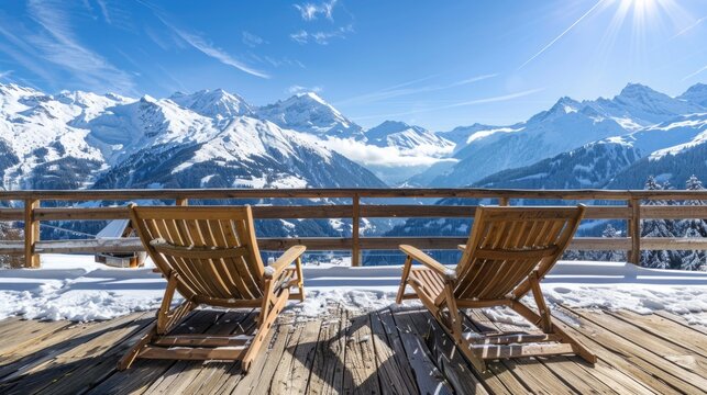Mountain Lodge. Alpine Panorama Background with Wooden Chairs at Terrace in Klosters, Switzerland