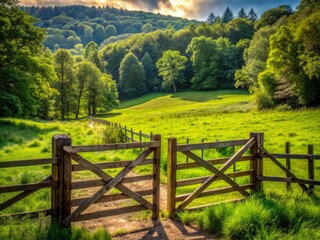 Fototapeta premium A rustic wooden gate separates a lush green field from a forest, symbolizing the harmonious balance between sustainable agriculture and wildlife preservation.