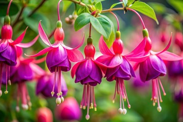 Vibrant pink fuchsia blooms in exquisite detail, showcasing delicate, bell-shaped flowers with subtle purple undertones and intricate stamens, against a soft, blurred green background.