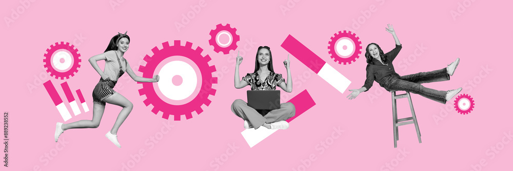 Aufkleber creative trend collage panorama of teamwork working process setting data analysis freak bizarre unus