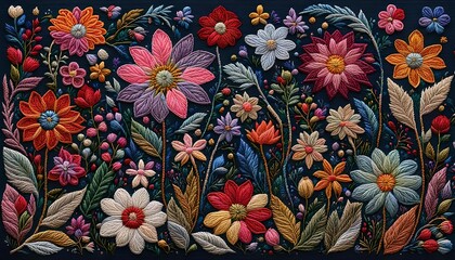 Fototapeta premium Colorful Flowers Embroidery Art