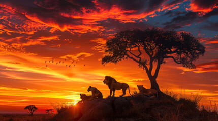 Silhouette of a lion against a stunning African sunset, highlighting the savannah landscape