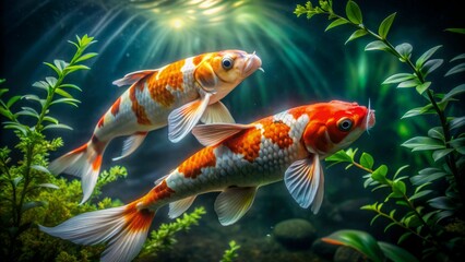 Naklejka premium Vibrant orange and white koi fish swim together in a serene pond surrounded by lush green vegetation against a dark mysterious black background.