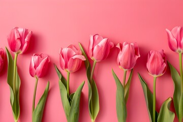 Fototapeta premium Photo of Pink tulips on pink background, flat lay top view. Web banner with copyspace on the right.