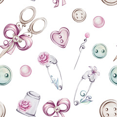 Watercolor seamless pattern vintage needles, buttons, scissors, pins with Flowers and curl. Sewing fashion, retro style for stitch, dressmaker, hobby and craft. Sewing tools, furniture for craft