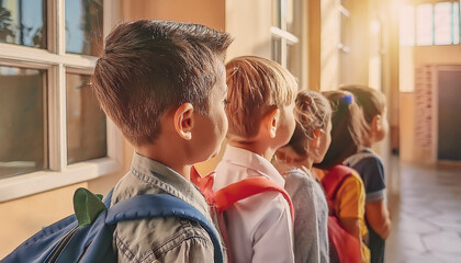 CRIAN&Ccedil;AS, EM FILA CARREGANDO MOCHILAS, NOS CORREDORES DA ESCOLA PRIMARIA NO VOLTA &Agrave;S AULAS 
