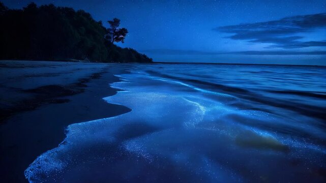 Tropical beach at night with glowing blue bioluminescent phytoplankton. Video footage