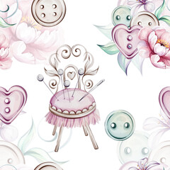 Watercolor seamless pattern of sewing tool - retro pincushion, buttons. Craft hobby decoration for clothing, needle, sewing tool with flower, rose. Vintage fashion illustration for design