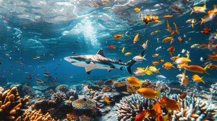 Fototapeta premium Underwater scene of a shark and numerous small fishes in a tropical ocean