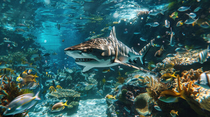 Fototapeta premium Underwater scene of a shark and numerous small fishes in a tropical ocean