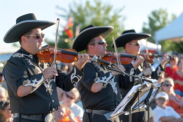 Mariachi band performing traditional music at a cultural festival, dressed in vibrant costumes