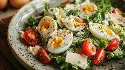 Vibrant Caesar salad with boiled eggs, cherry tomatoes, and a creamy Caesar dressing, arranged beautifully on a plate