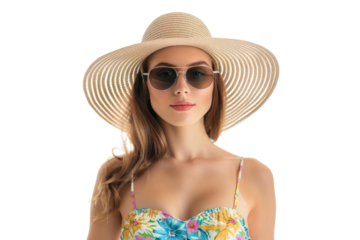 beautiful young woman with beach sunhat isolated on white or transparent png