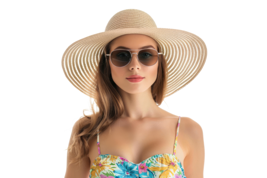 beautiful young woman with beach sunhat isolated on white or transparent png