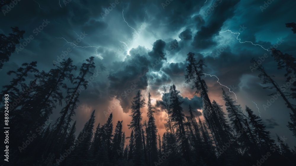 Poster lightning illuminating a silhouette of trees against a stormy sky, capturing the power of nature.