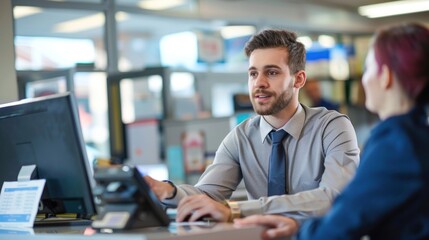 Fototapeta premium Businessman inquiring about services with bank teller