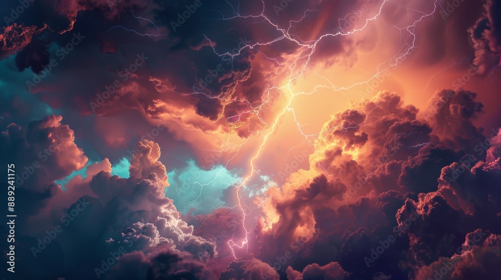 Poster lightning striking across a dramatic cloudy sky during a thunderstorm at dusk.