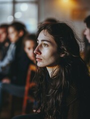 Fototapeta premium A woman with long hair sits among others, speaking or presenting
