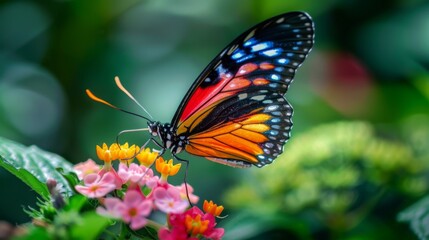 Macro shot of a butterfly perched on a flower, showcasing its vibrant colors and delicate wings.