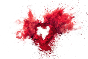 heart shaped red powder explosion for love or valentines day isolated on white or transparent png