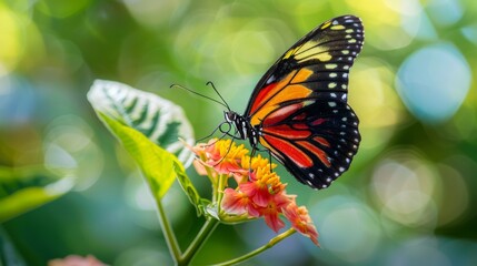 Fototapeta premium Macro shot of a butterfly perched on a flower, showcasing its vibrant colors and delicate wings.