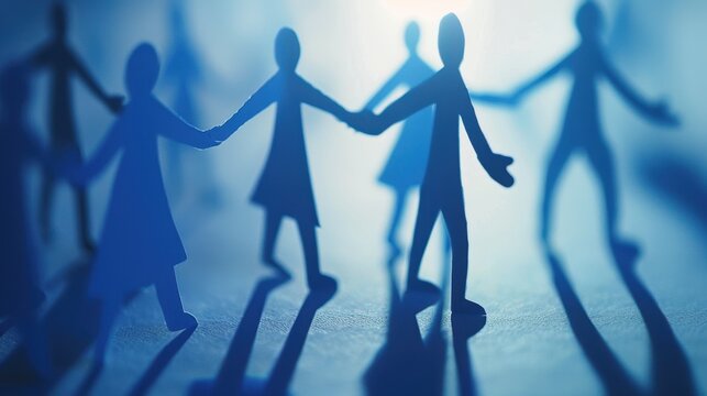 Paper cutout figures holding hands in blue light