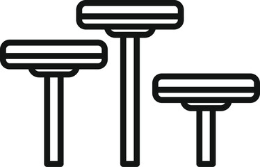 Line art icon set of three safety razors for shaving, with different sizes and head designs