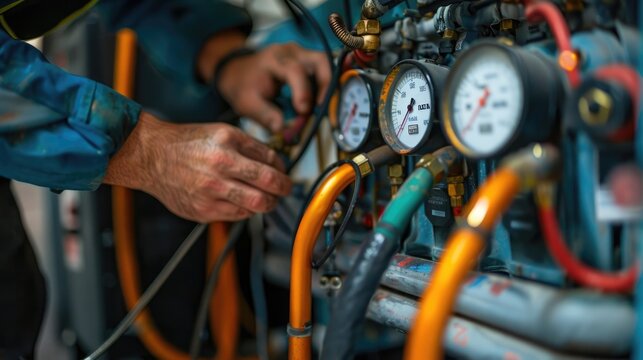 Close-up of a technician's hands adjusting pressure gauges on industrial equipment, demonstrating precision and attention to detail in engineering.
