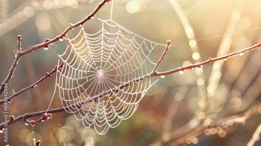 Poster Macro shot of a spider weaving its web between branches, with dew drops glistening on the web.