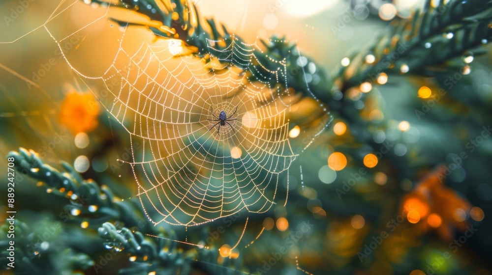 Poster Macro shot of a spider weaving its web between branches, with dew drops glistening on the web.