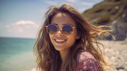 Smiling woman on vacation, beach, sea, ocean, summer