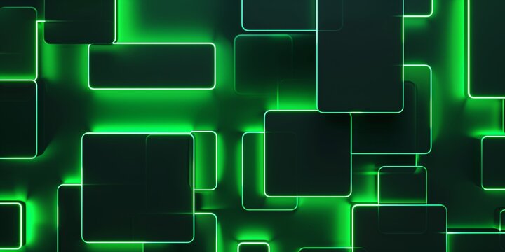 Abstract green glowing rectangles against a dark background creating a futuristic and dynamic visual effect.