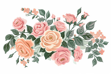 An elegant and beautiful floral design with pink roses, a vector flat icon illustration on a white background, with pastel colors in the style of clip art