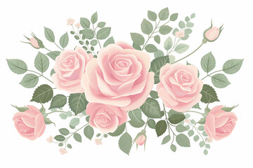 An elegant and beautiful floral design with pink roses, a vector flat icon illustration on a white background, with pastel colors in the style of clip art
