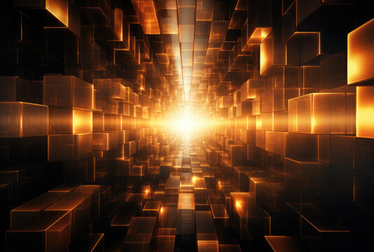 Fototapeta Illuminated Path Through Golden 3D Cubes