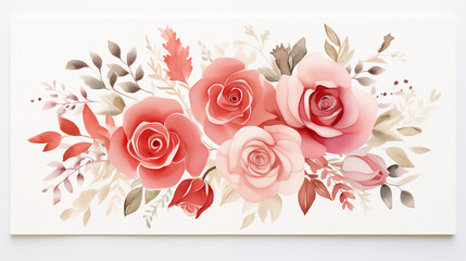 handdrawn painting of cute and many beautiful roses flowers and eucalyptus leaves, white background